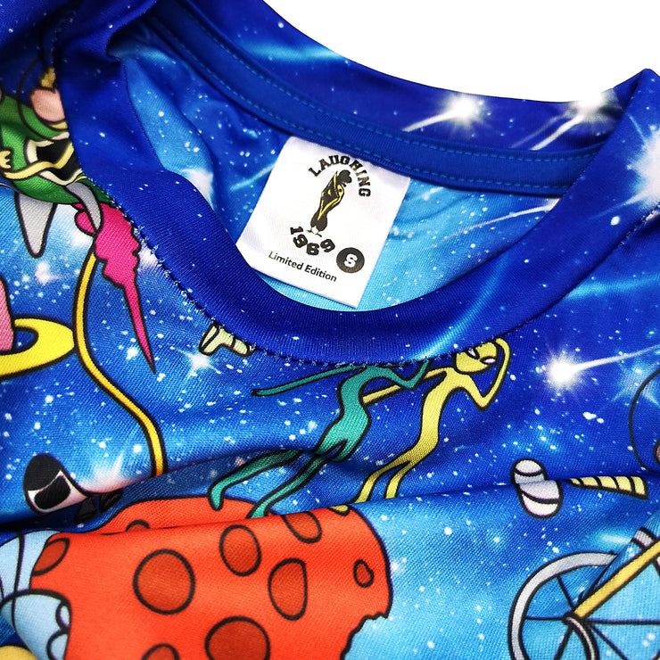 A close-up look of the collar of a blue t-shirt with a printed art design of many Sabahan animals, galaxy and ocean