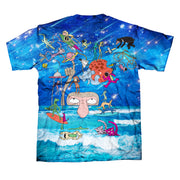 A blue t-shirt with a printed art design of many Sabahan animals, galaxy and ocean