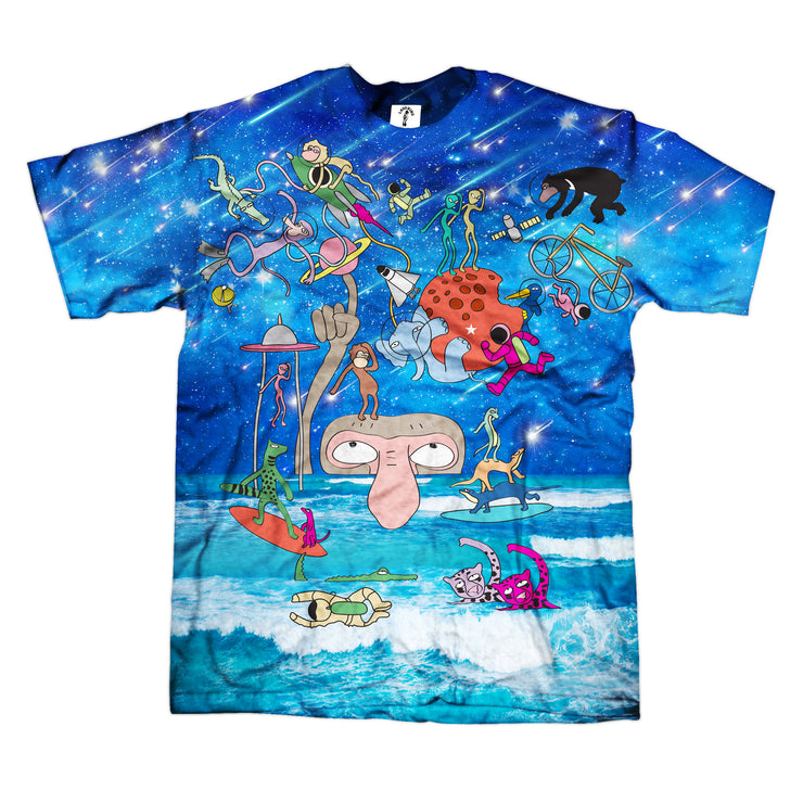 A blue t-shirt with a printed art design of many Sabahan animals, galaxy and ocean